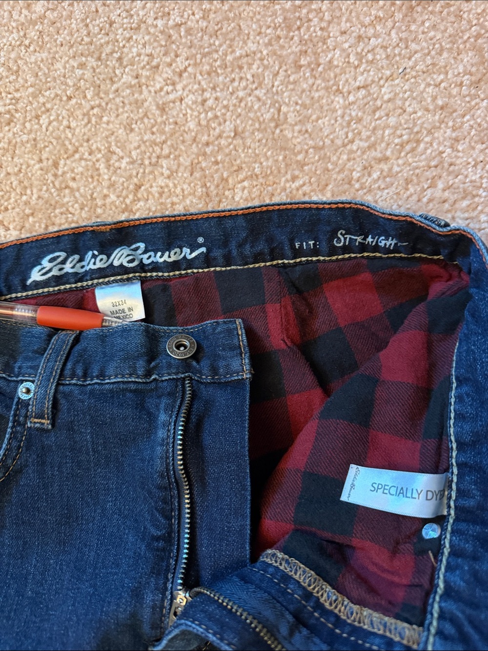 Eddie Bauer Men’s Straight Jeans with Red & Black Plaid Lining